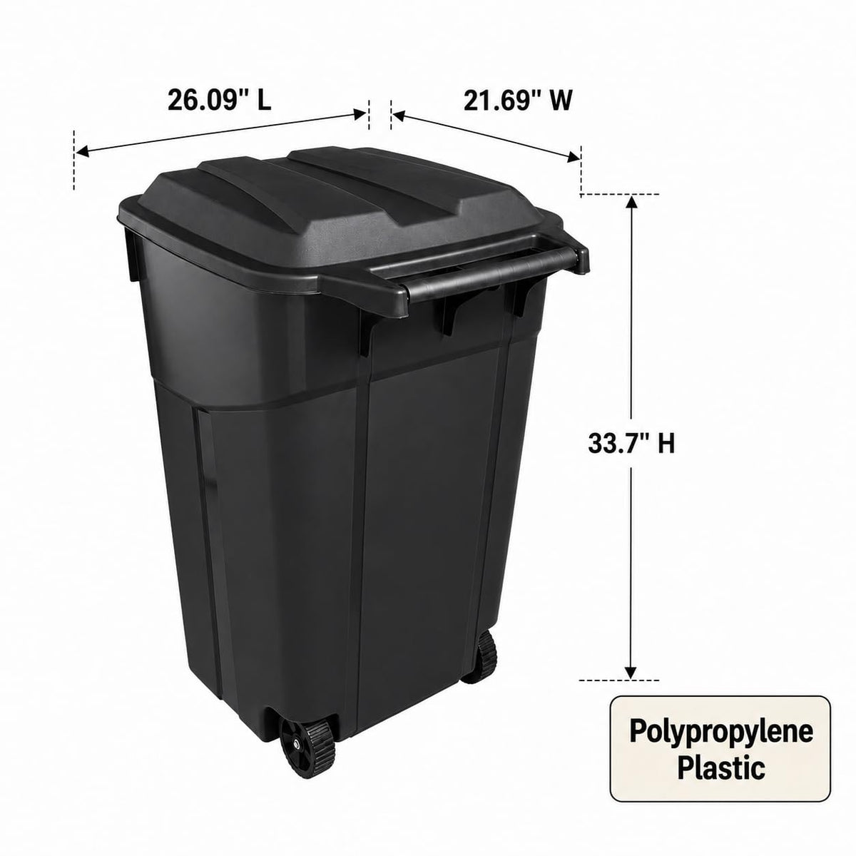 45 Gallon Black Outdoor Trash Can with Wheels and Attached Lid J1254