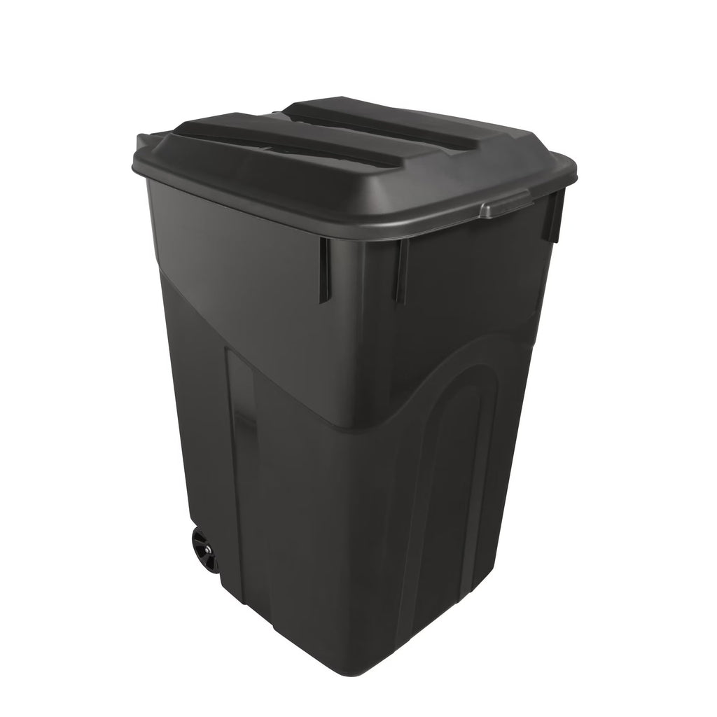 45 Gallon Black Outdoor Trash Can with Wheels and Attached Lid J1254