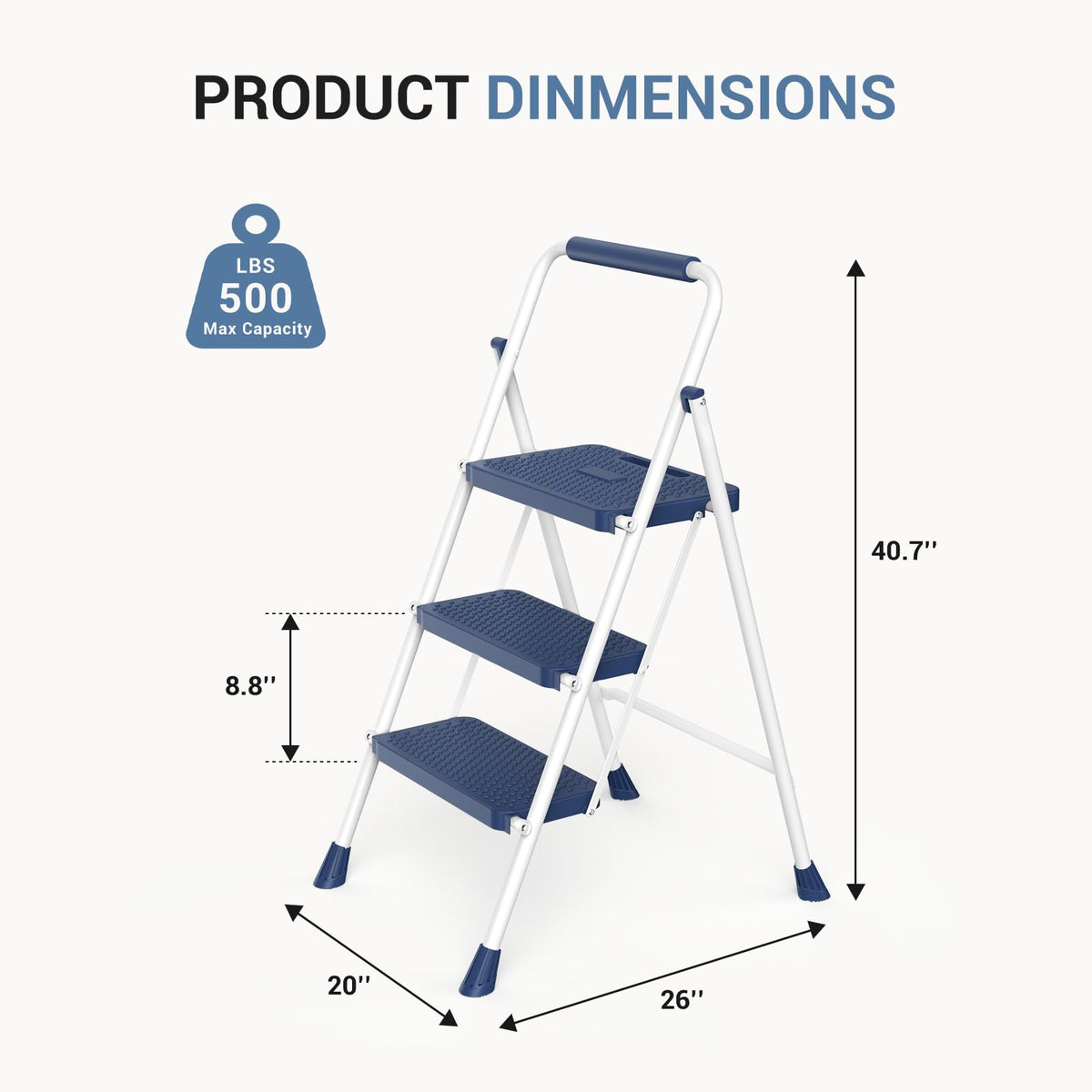 3 Step Ladder with Anti-Slip Pedal and Handrail, 500lbs Blue O669