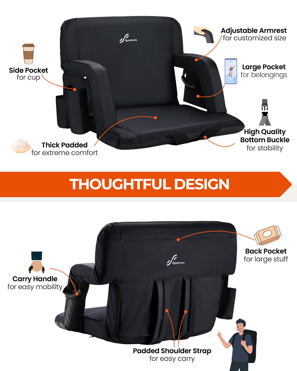 Stadium Seats with Back Support 2.5'' Thick Cushion 6 Adjustable Angle Bleacher Seat with Armrest W689