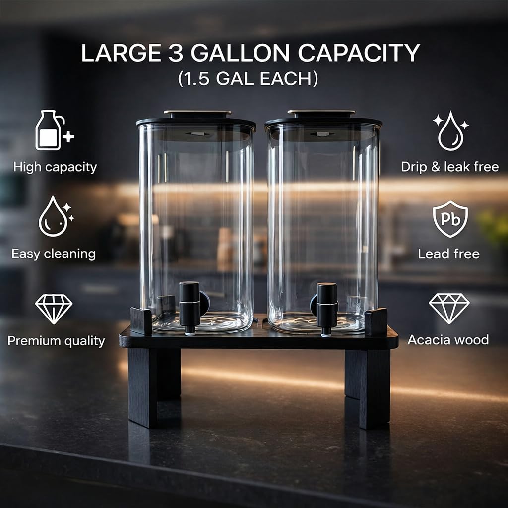 2 PCS 3 Gallon Glass Beverage Dispenser with Wood Stand A7091