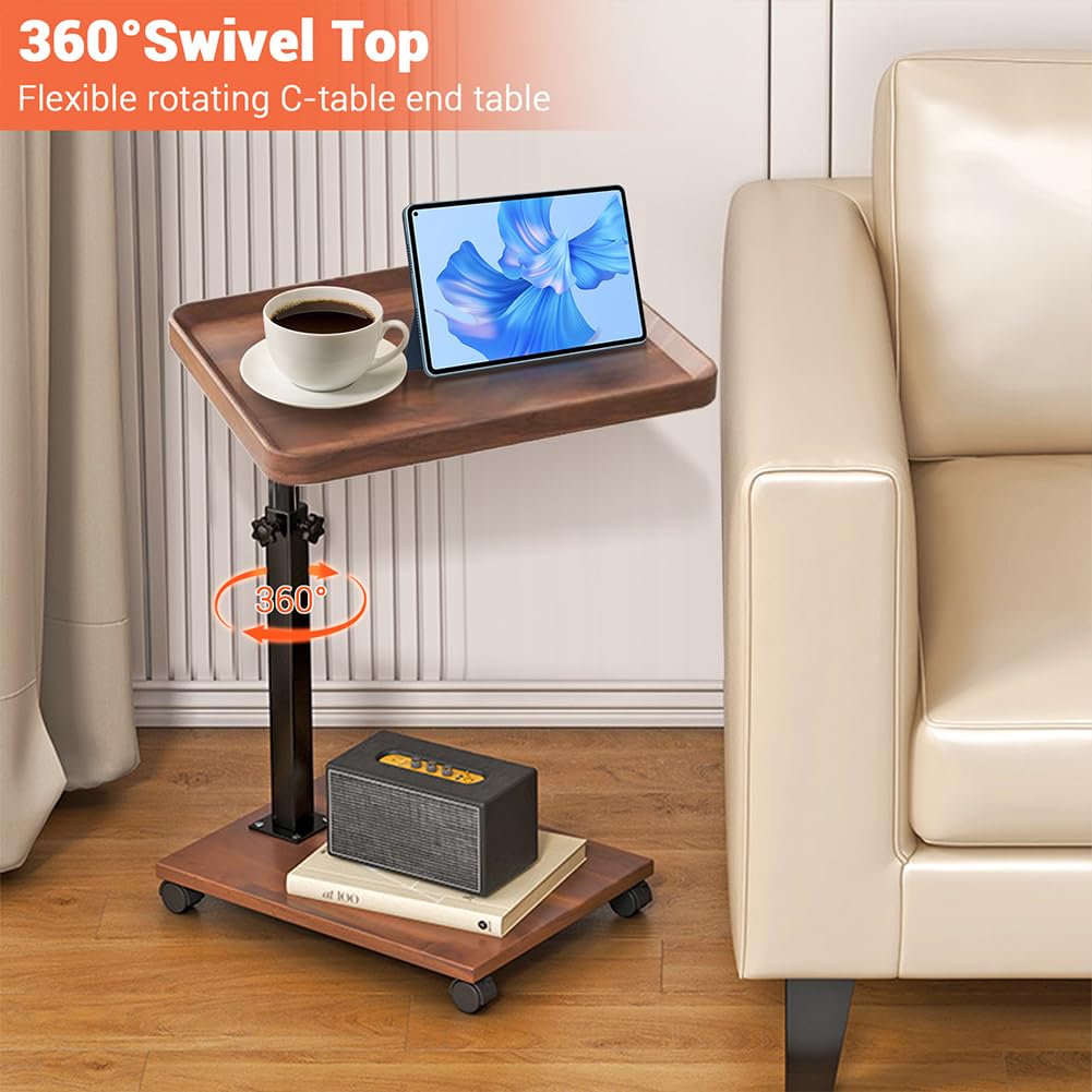 C Shaped End Table with Wheels & Adjustable Height Q752