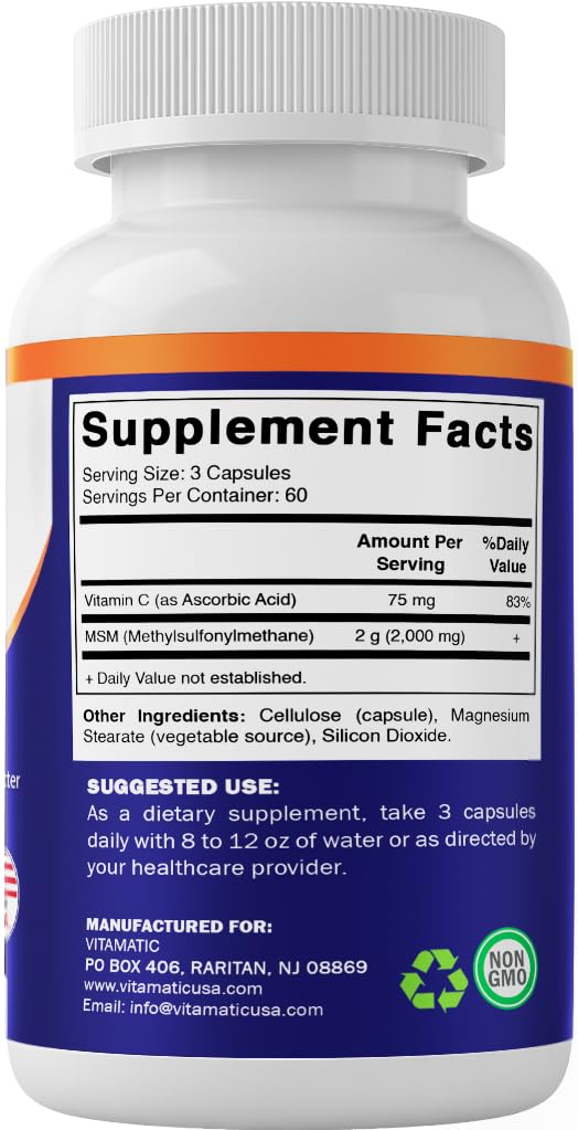 MSM 2000 mg with Vitamin C 180 Veg Capsules Non-GMO Gluten Free M452276