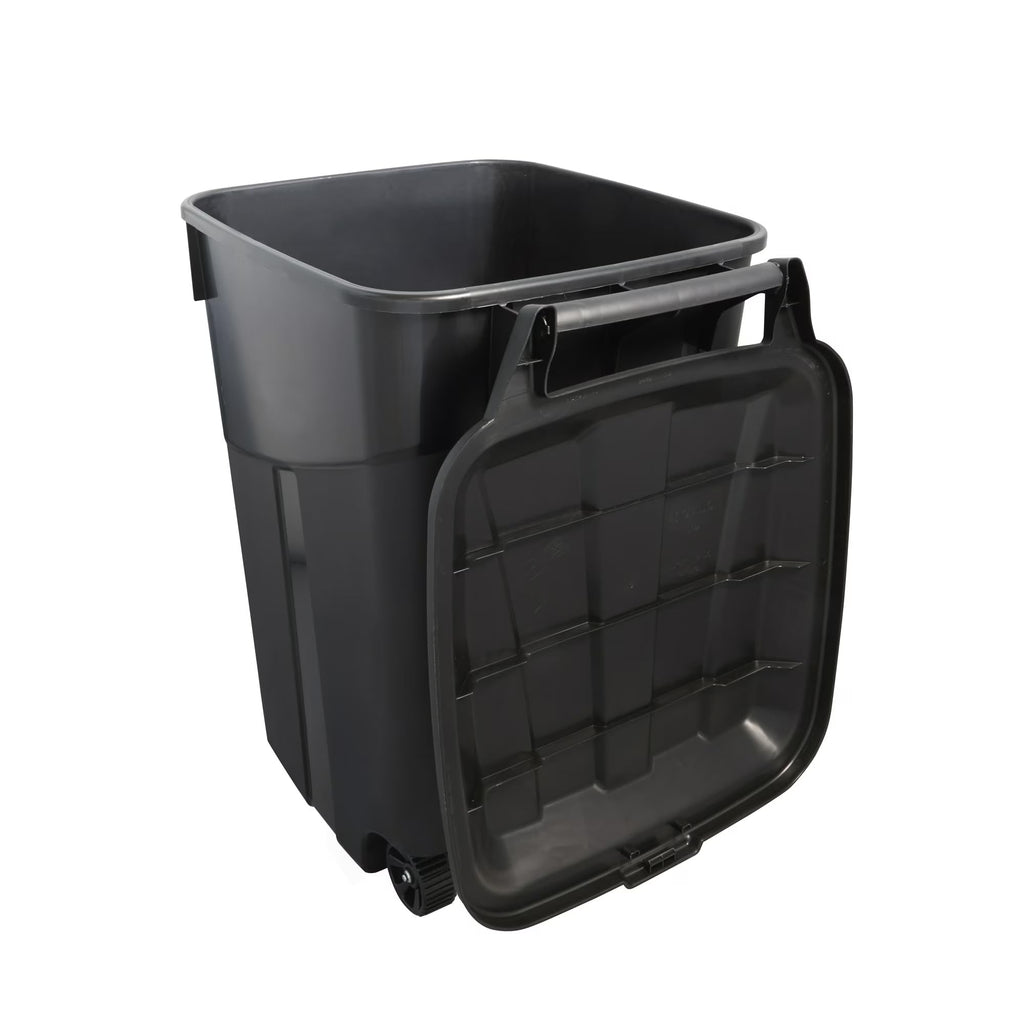 45 Gallon Black Outdoor Trash Can with Wheels and Attached Lid J1254