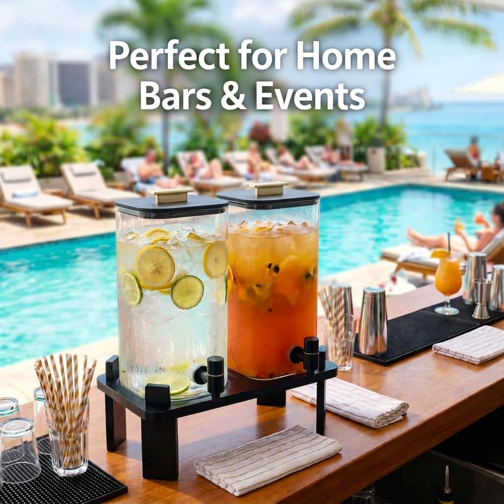 2 PCS 3 Gallon Glass Beverage Dispenser with Wood Stand A7091