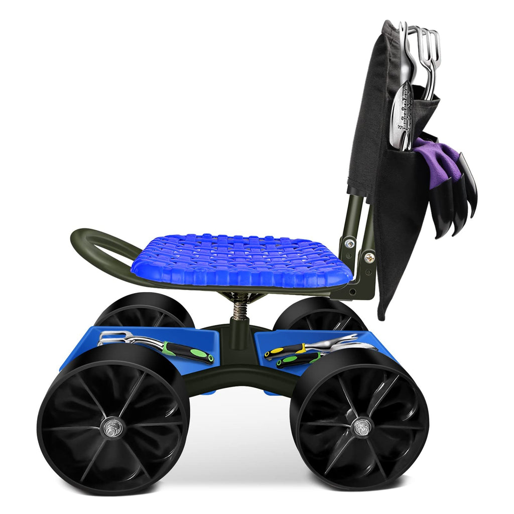 Blue Rolling Garden Cart with Four Wheels and Tool Bag Q218