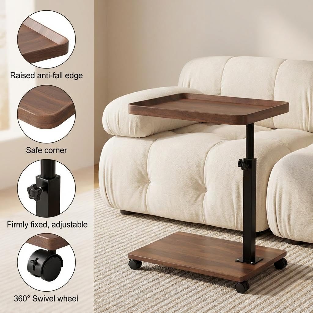 C Shaped End Table with Wheels & Adjustable Height Q752