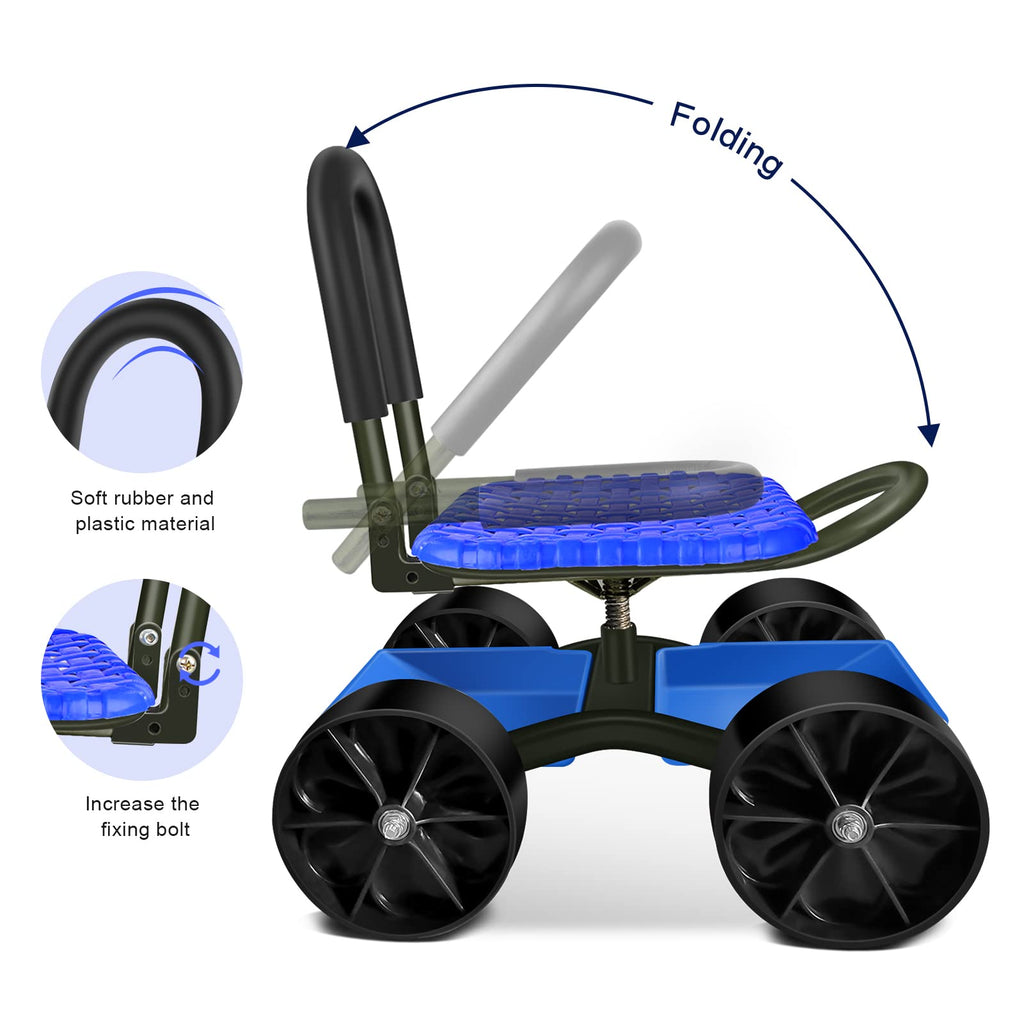 Blue Rolling Garden Cart with Four Wheels and Tool Bag Q218
