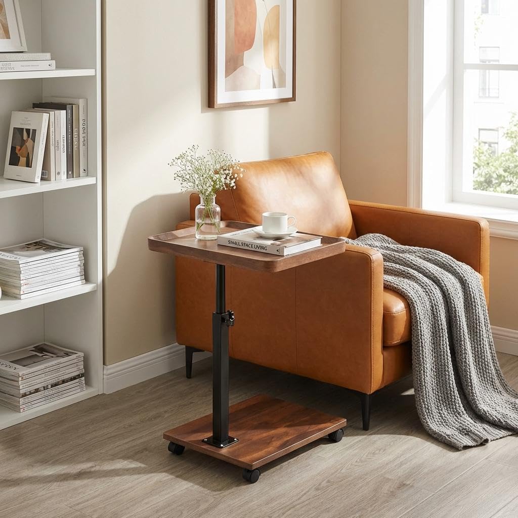 C Shaped End Table with Wheels & Adjustable Height Q752