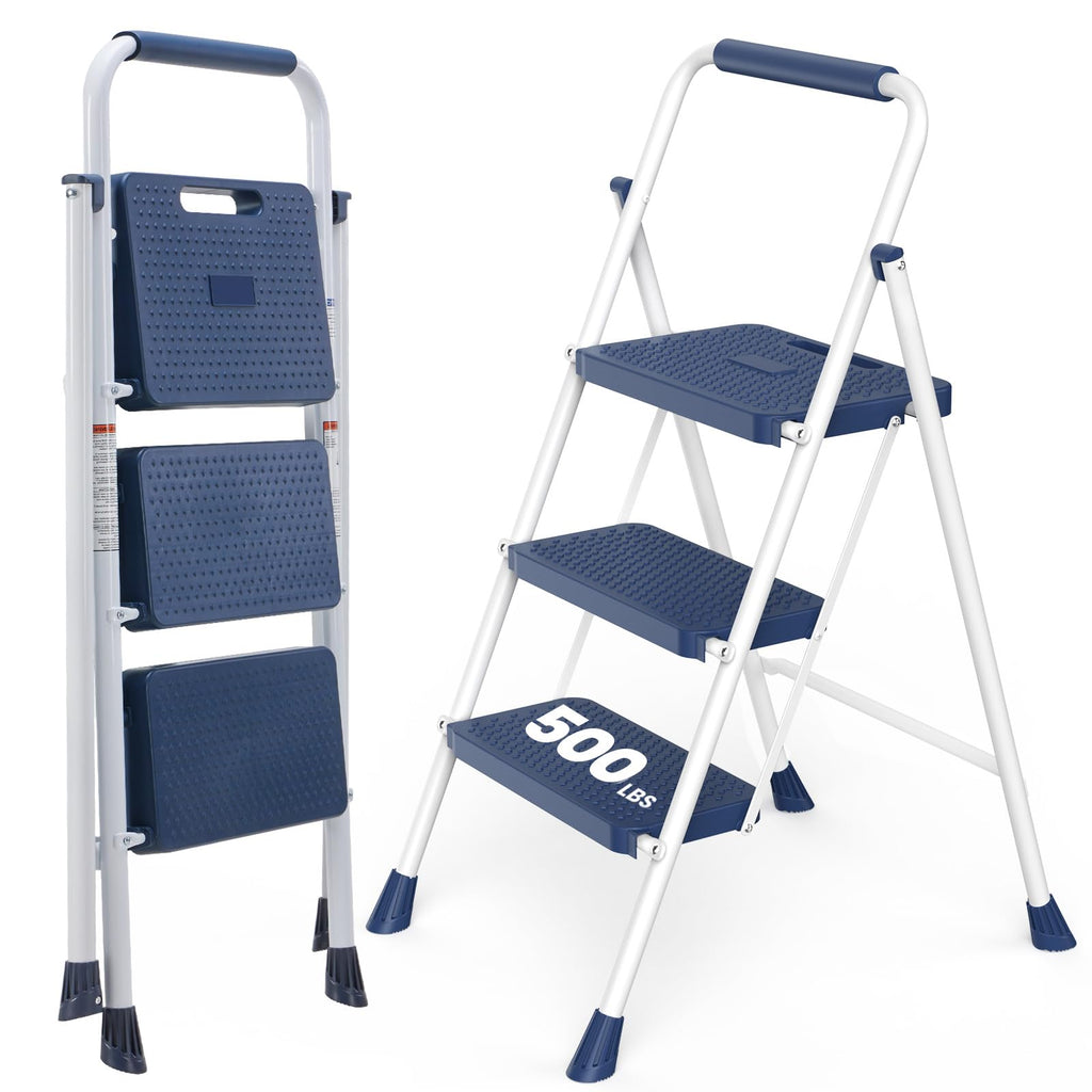 3 Step Ladder with Anti-Slip Pedal and Handrail, 500lbs Blue O669