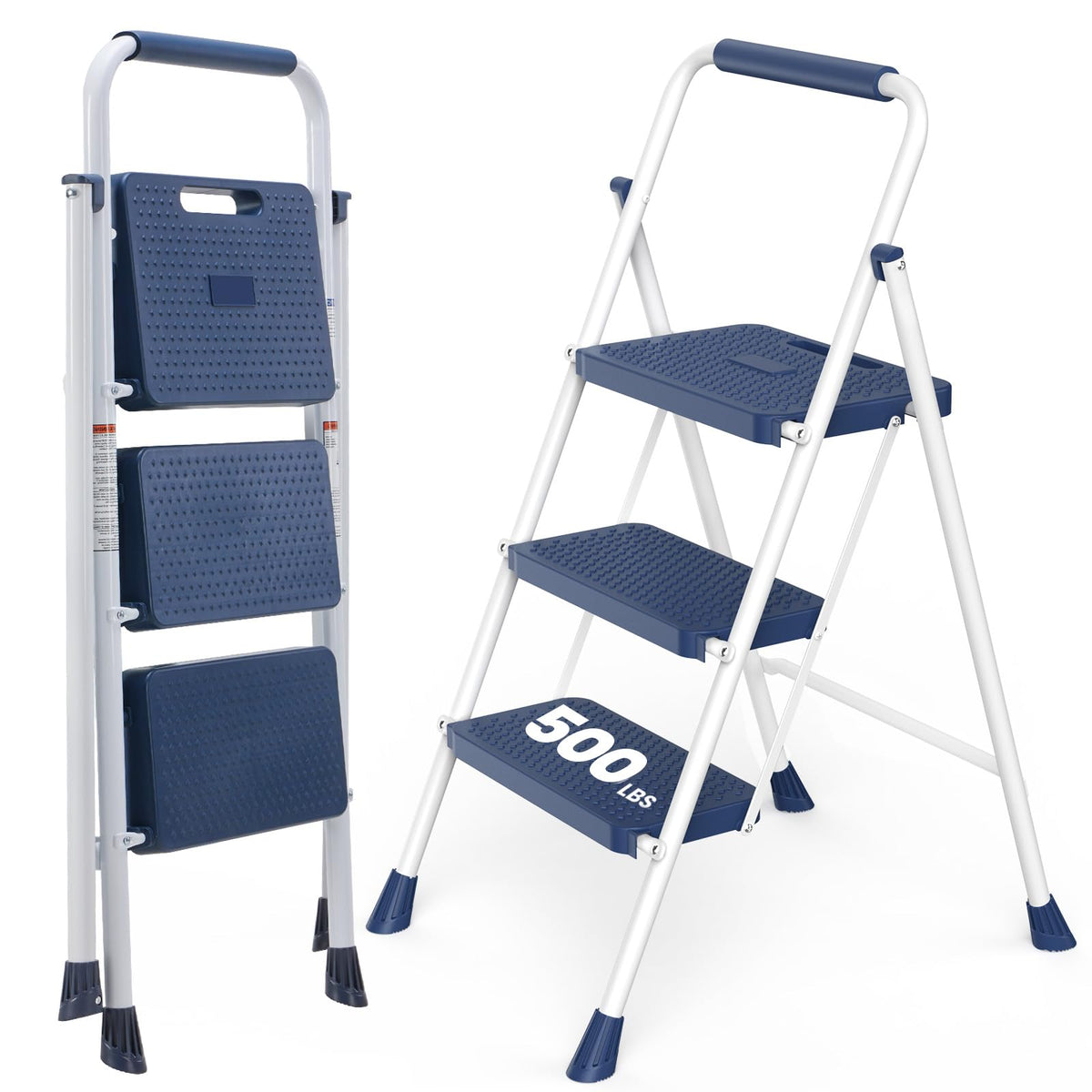 3 Step Ladder with Anti-Slip Pedal and Handrail, 500lbs Blue O669