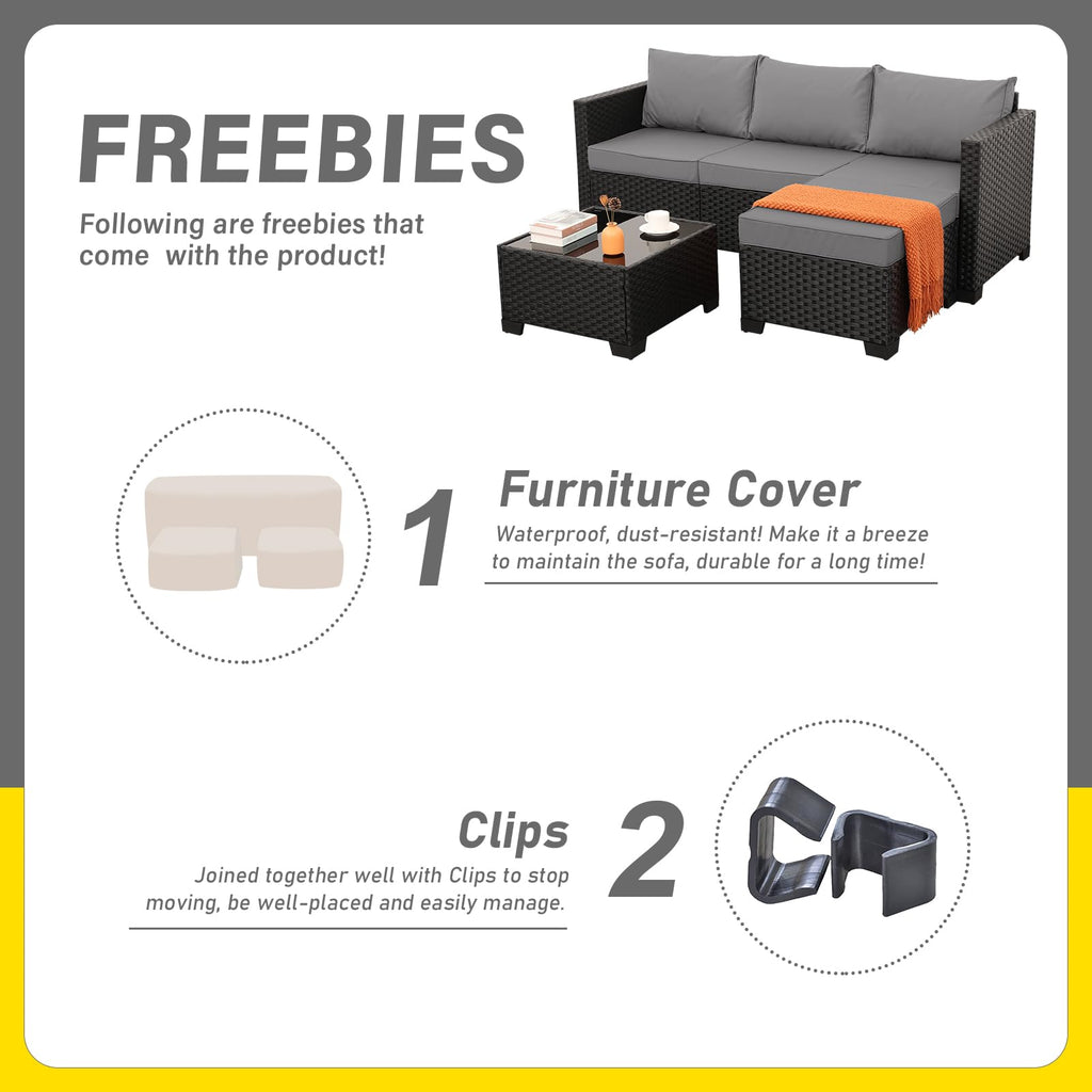 3 Pieces Wicker Outdoor Sectional with Ottoman and Glass Table Y116
