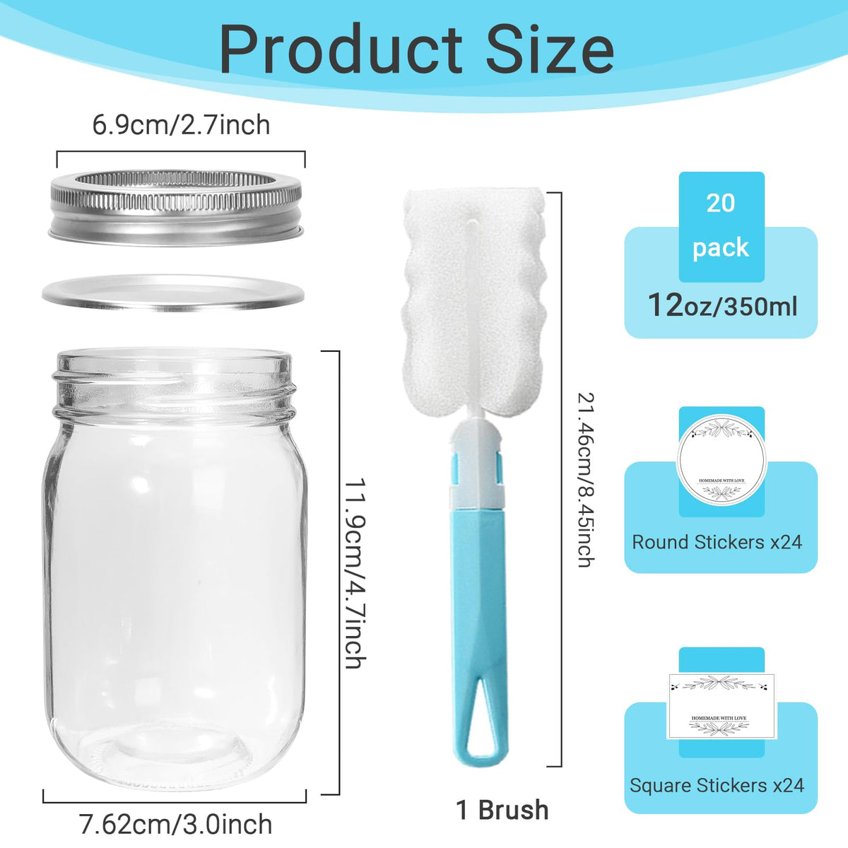 20 Pack 12 oz Clear Glass Mason Jars with Lids Q95665