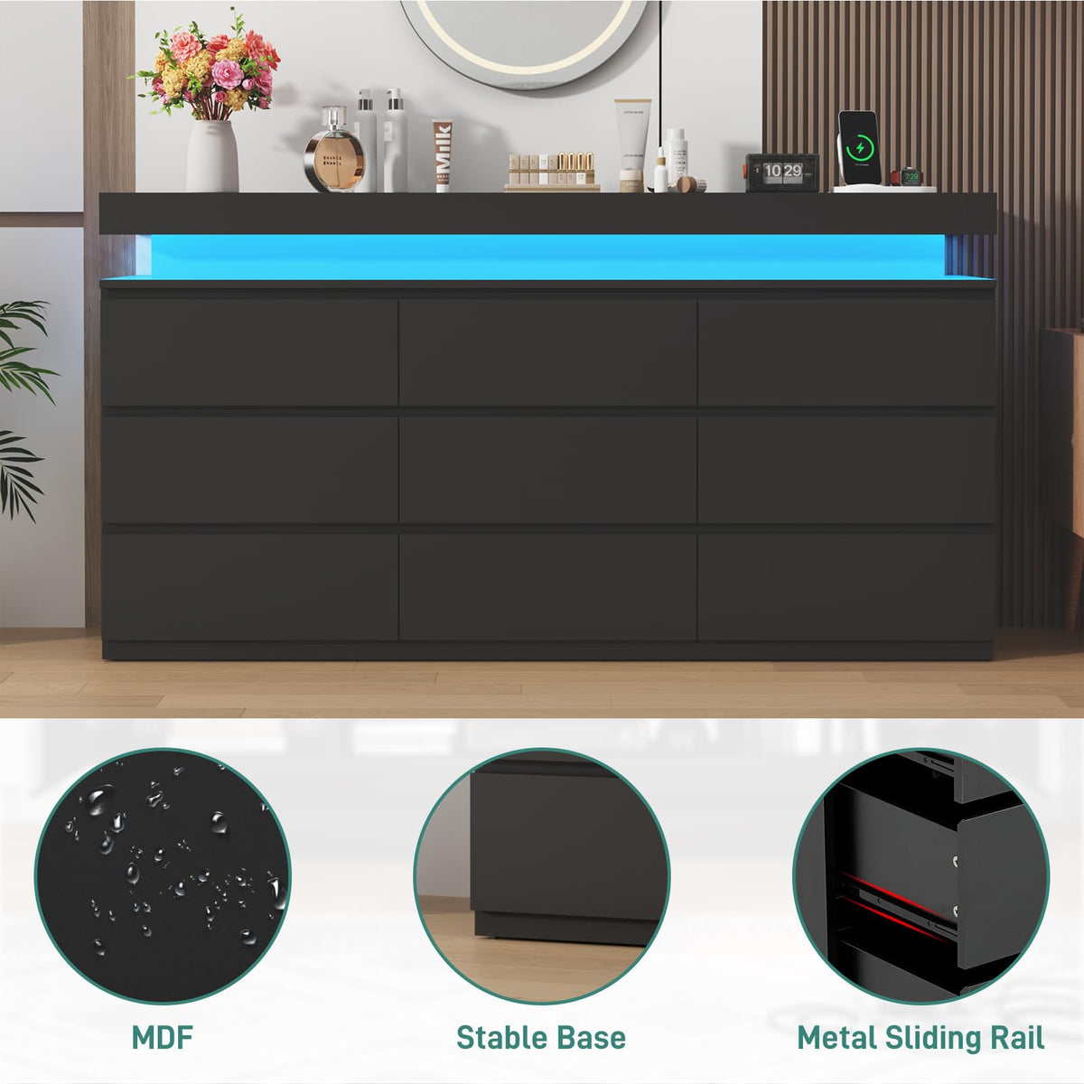Black 9 Drawer Dresser with Power Outlet B278