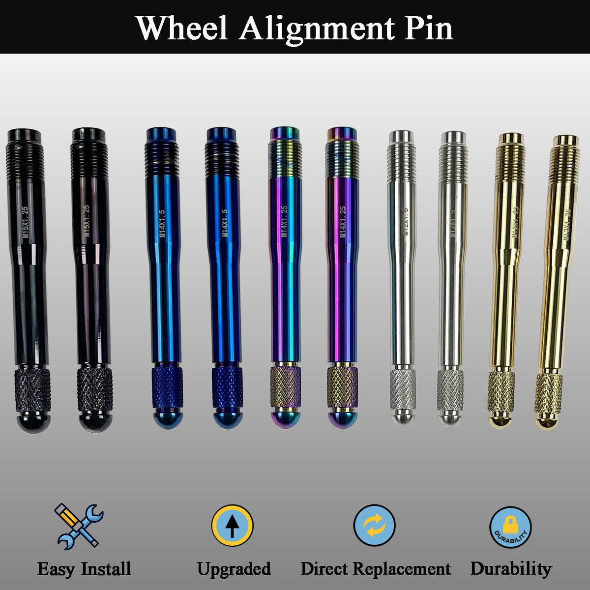 10PC Alloy Steel Wheel Alignment Pins Kit M12x1.5/1.25/M14x1.5/1.25/M15*1.25 Lug Bolt Guide Tool V632513
