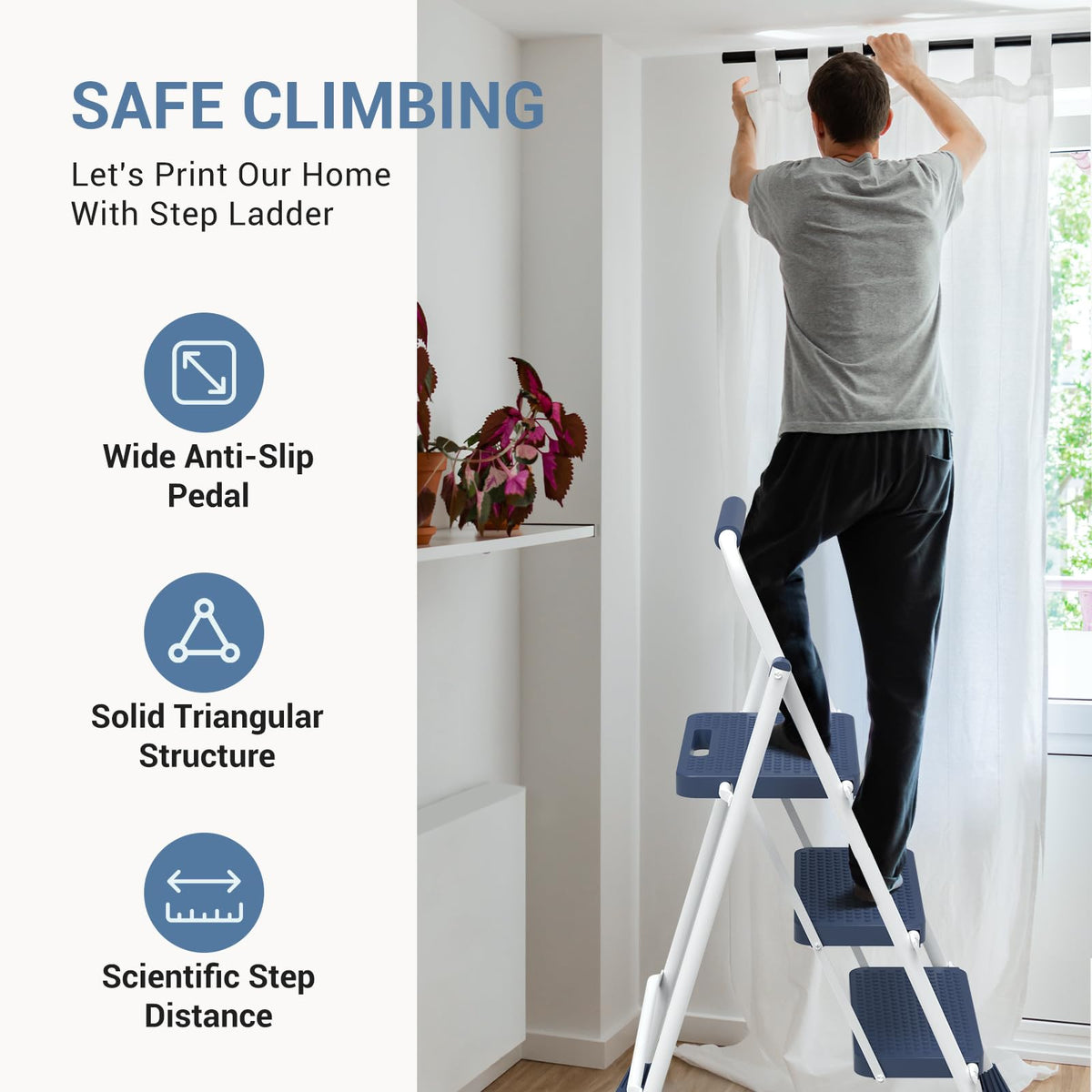 3 Step Ladder with Anti-Slip Pedal and Handrail, 500lbs Blue O669