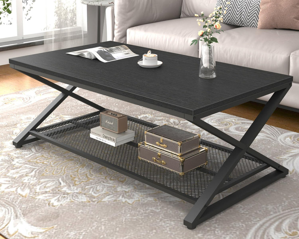 Black 2 Tier Wood Coffee Table with Storage W161483