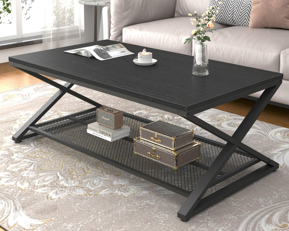 Black 2 Tier Wood Coffee Table with Storage W161483