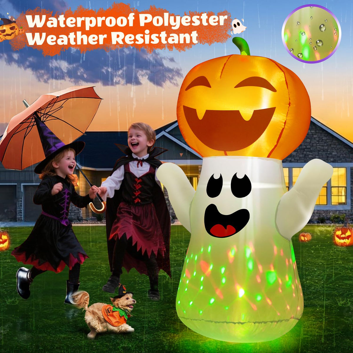 5FT Halloween Inflatables Pumpkin Ghost Built-in 3-Pattern Colorful Flashing Light K8639