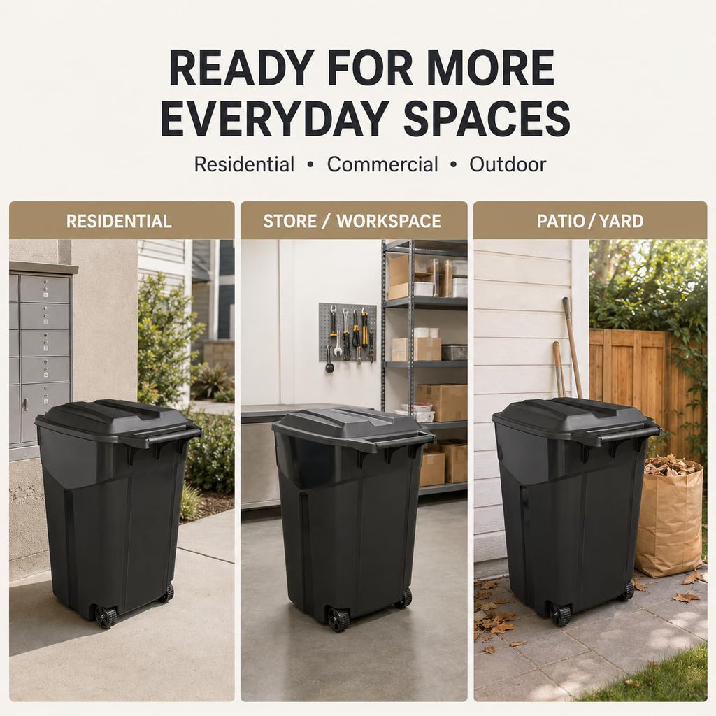 45 Gallon Black Outdoor Trash Can with Wheels and Attached Lid J1254