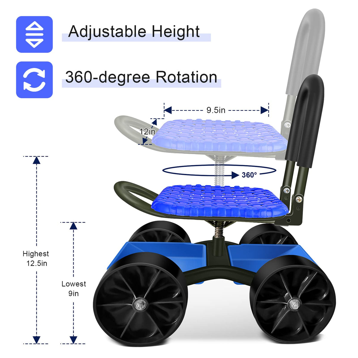 Blue Rolling Garden Cart with Four Wheels and Tool Bag Q218
