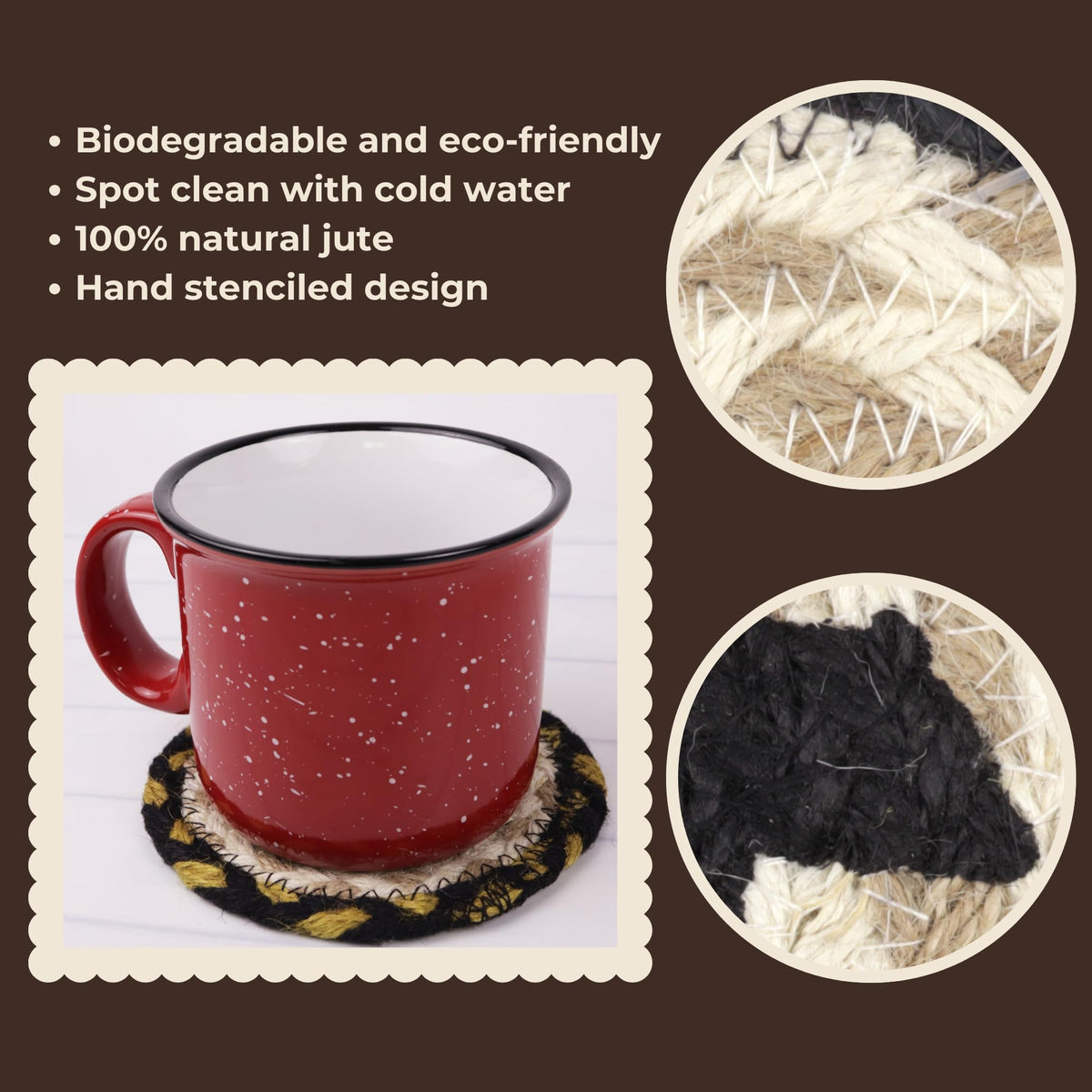 Braided Jute Coasters with Black Bear Design, Set of 2 N826