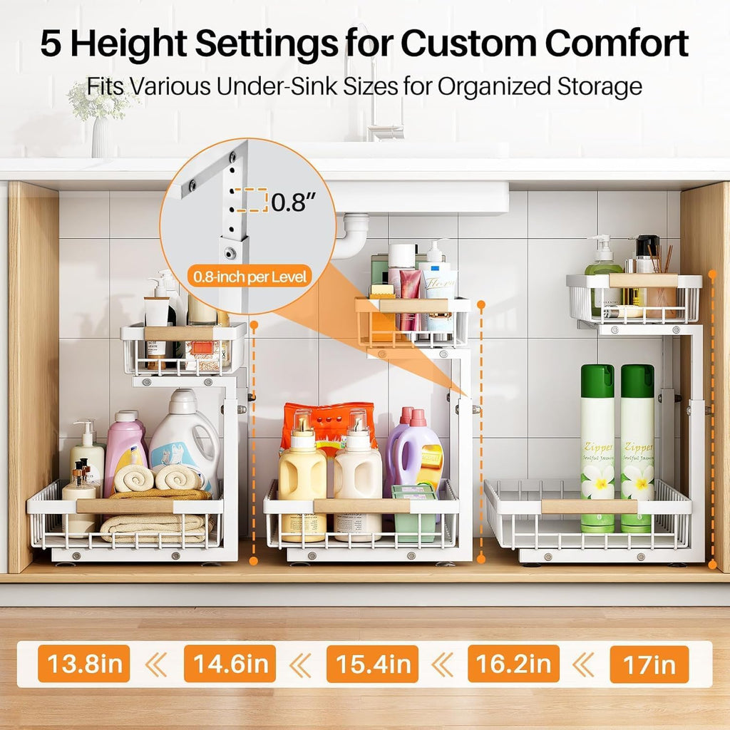 Adjustable 2 Tier Pull Out Under Sink Organizer, White, 2 Pack V5972