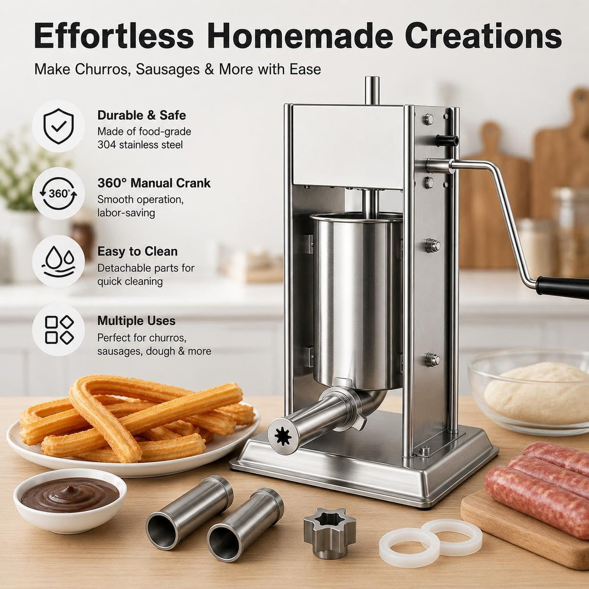 Vertical Sausage Stuffer and Churro Machine Combo, 304 Steel, 3L/5L/7L C3124