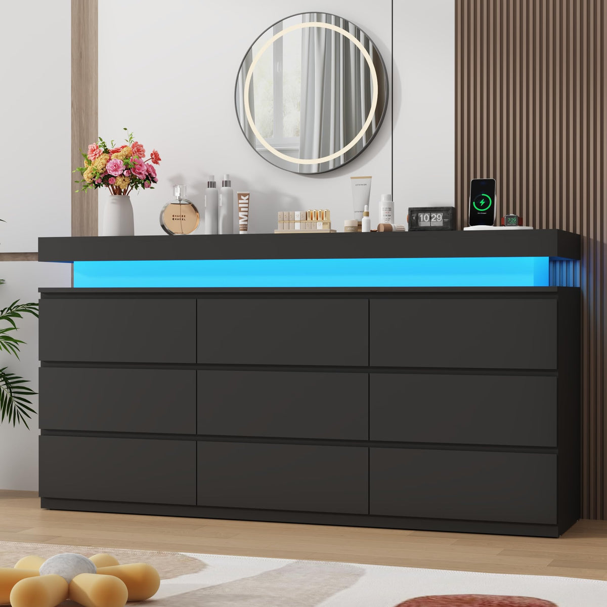 Black 9 Drawer Dresser with Power Outlet B278