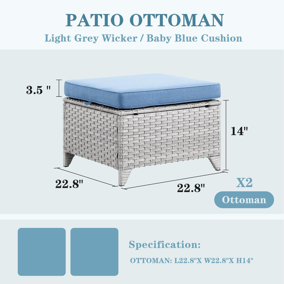 Wicker Outdoor Ottomans Set of 2 Handwoven Rattan Footstools with Removable Cushions R23943