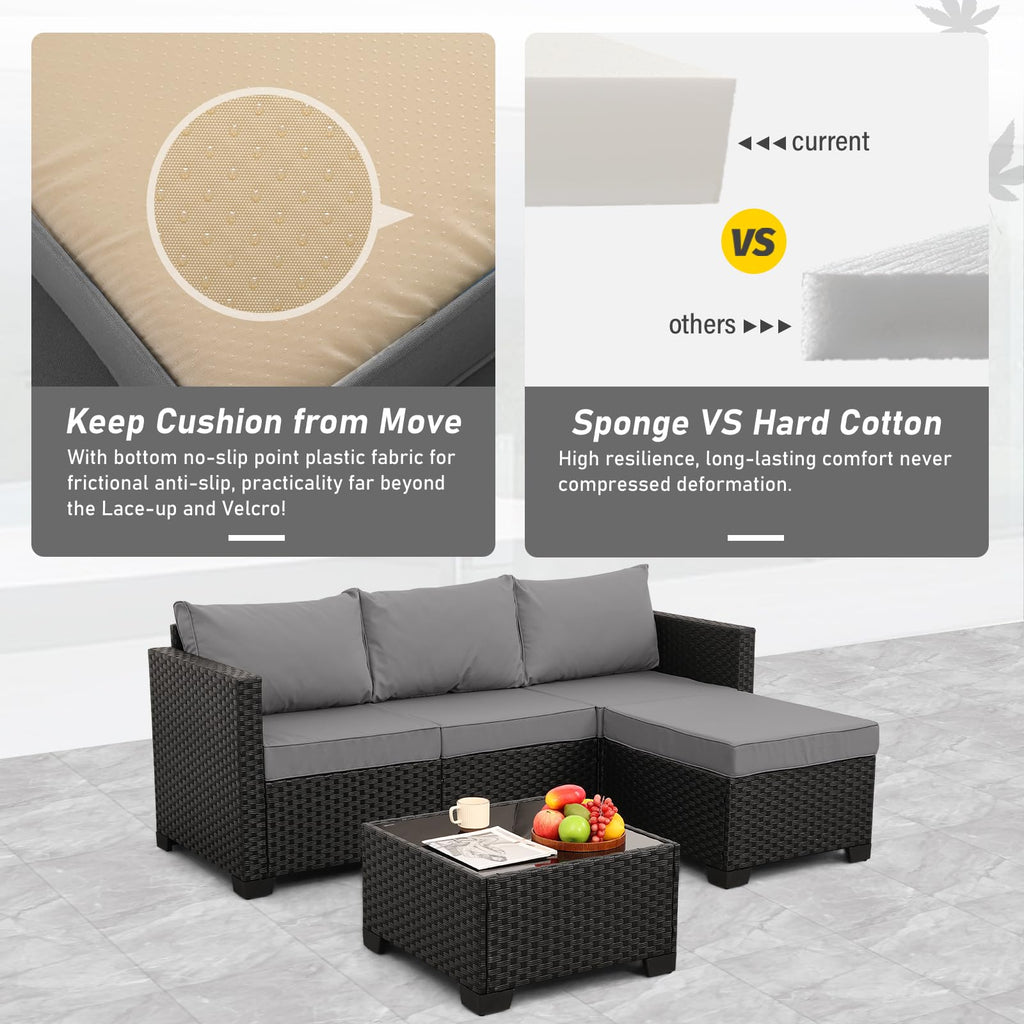 3 Pieces Wicker Outdoor Sectional with Ottoman and Glass Table Y116