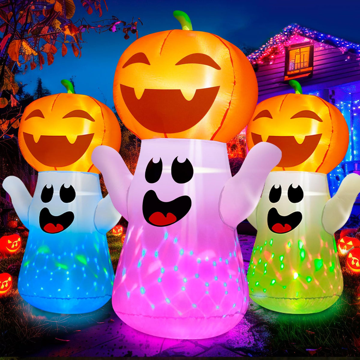 5FT Halloween Inflatables Pumpkin Ghost Built-in 3-Pattern Colorful Flashing Light K8639