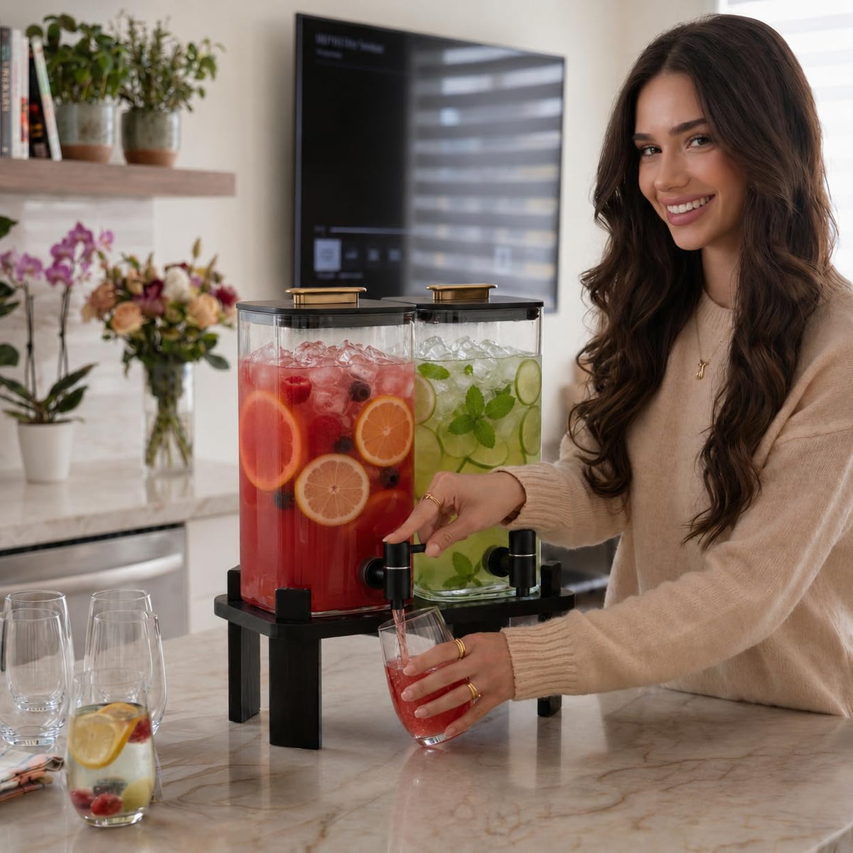 2 PCS 3 Gallon Glass Beverage Dispenser with Wood Stand A7091