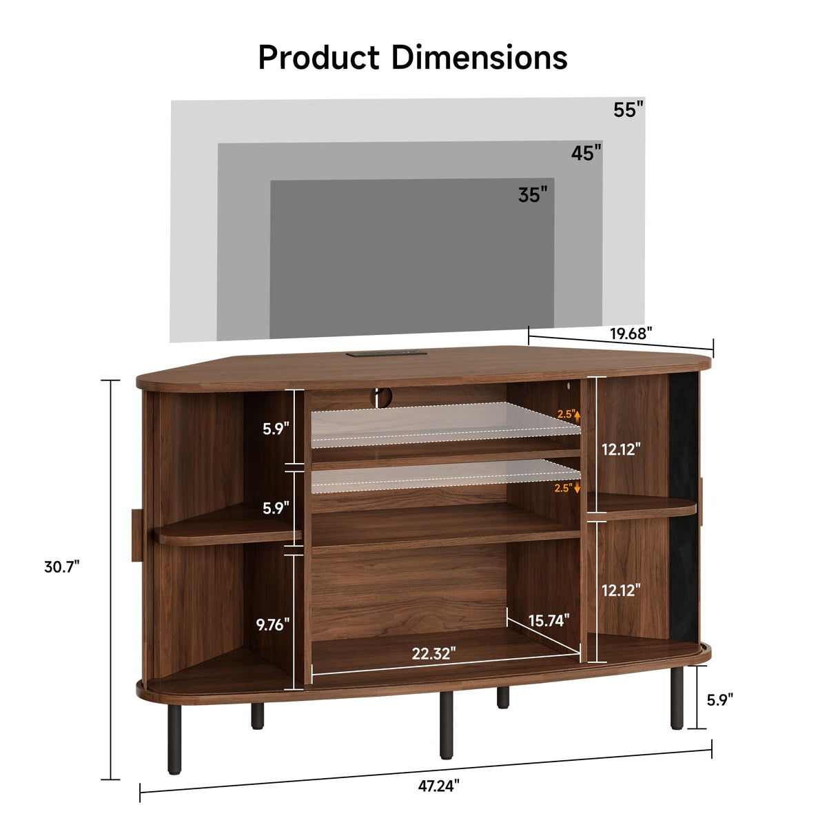 47" Walnut Corner TV Stand with Sliding Door K7780