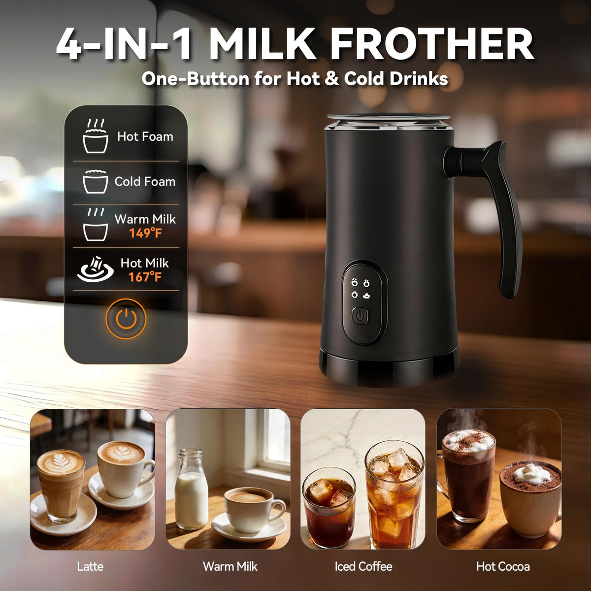 4-in-1 Electric Milk Frother and Steamer Black K856