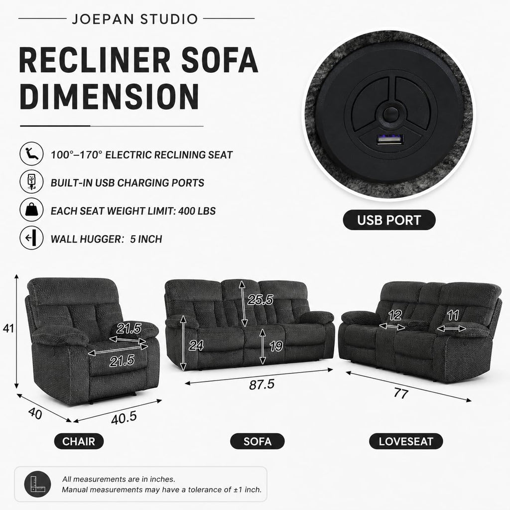 Gray Wool 3 Piece Power Reclining Sofa Set with USB Ports and LED Lights I4587