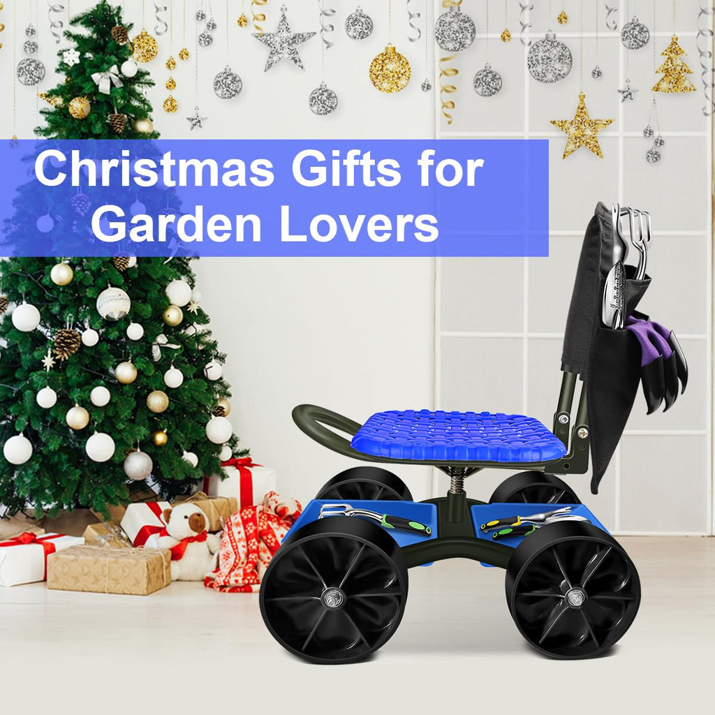 Blue Rolling Garden Cart with Four Wheels and Tool Bag Q218