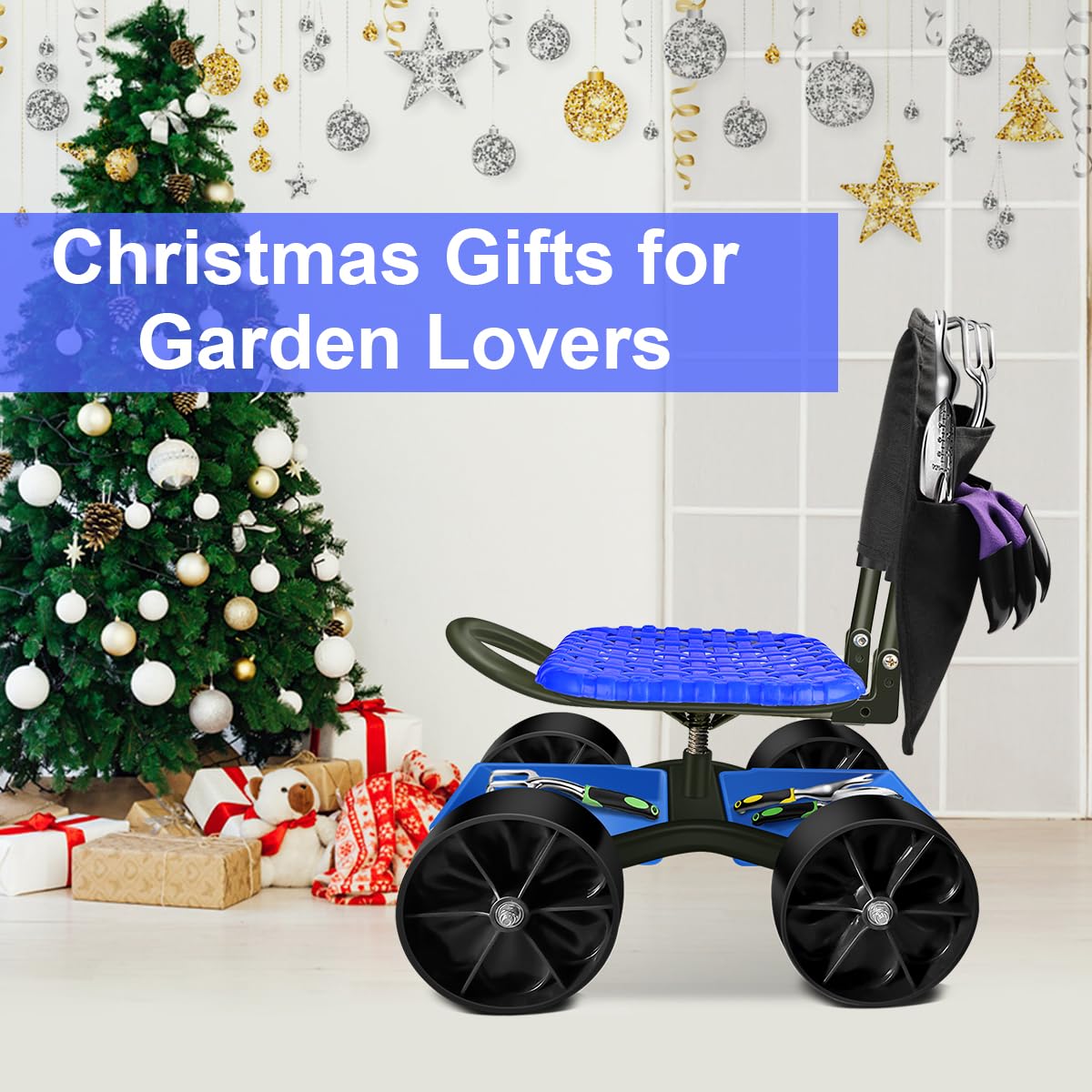 Blue Rolling Garden Cart with Four Wheels and Tool Bag Q218