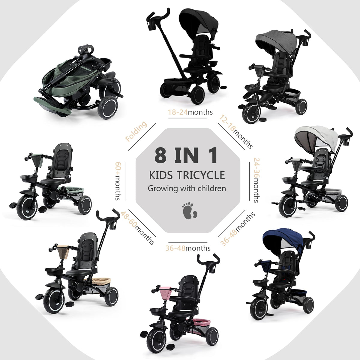 8 in 1 Toddler Tricycle with Push Handle Y44781