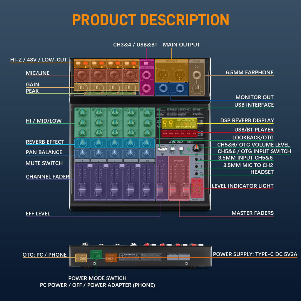 6 Channel Bluetooth Audio Mixer with 2 XLR Inputs N2077