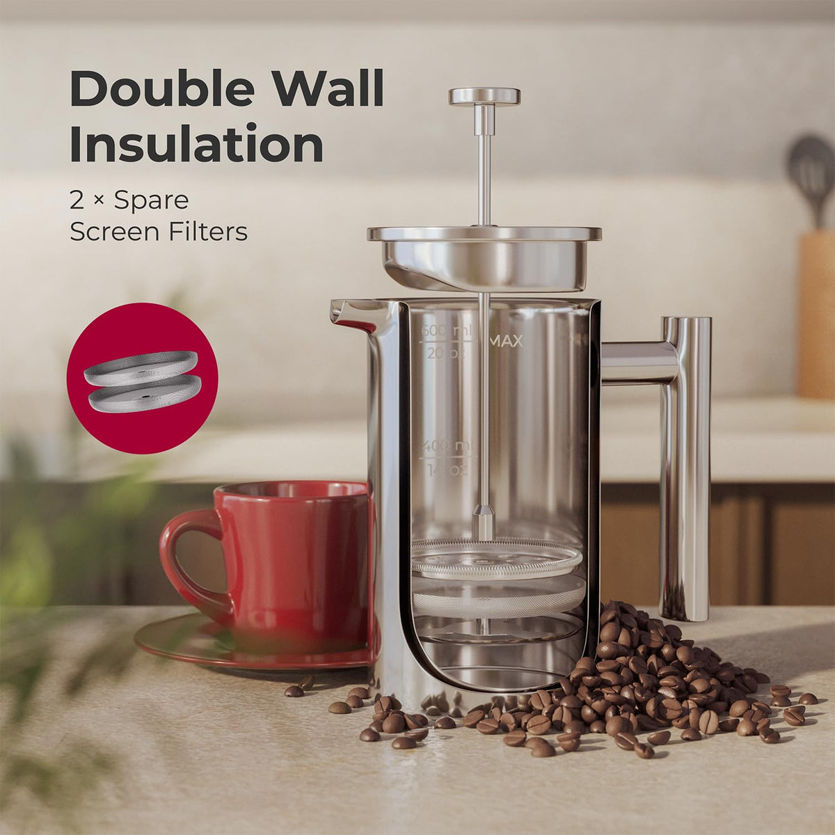 20oz Stainless Steel French Press Coffee Maker O27563