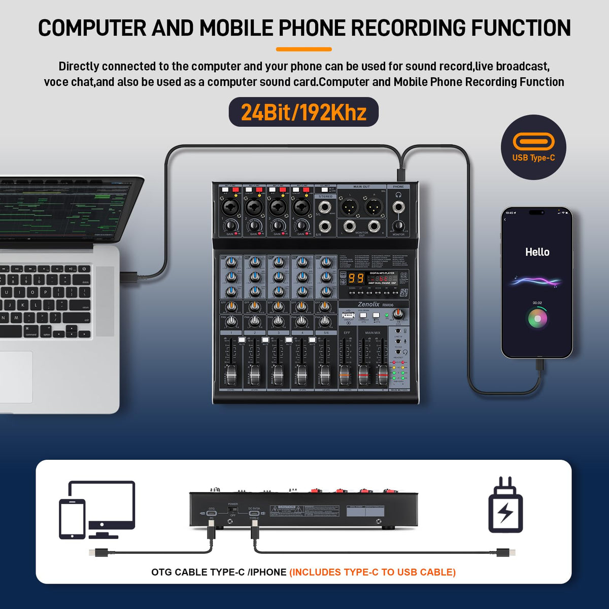 6 Channel Bluetooth Audio Mixer with 2 XLR Inputs N2077