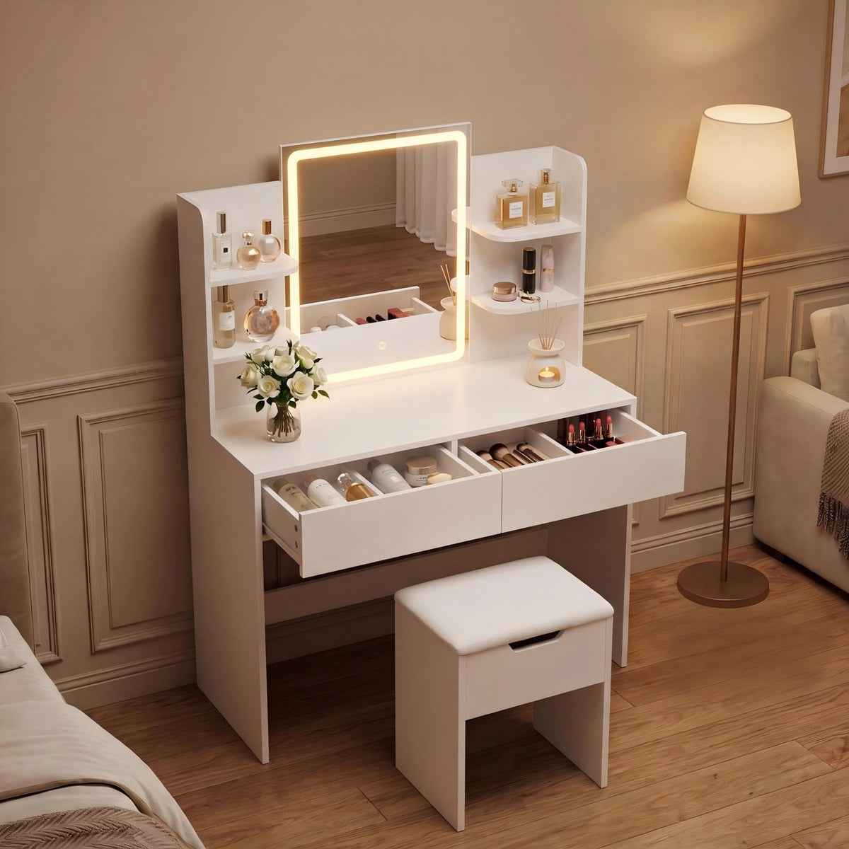 White Vanity Desk Set with LED Mirror E90923