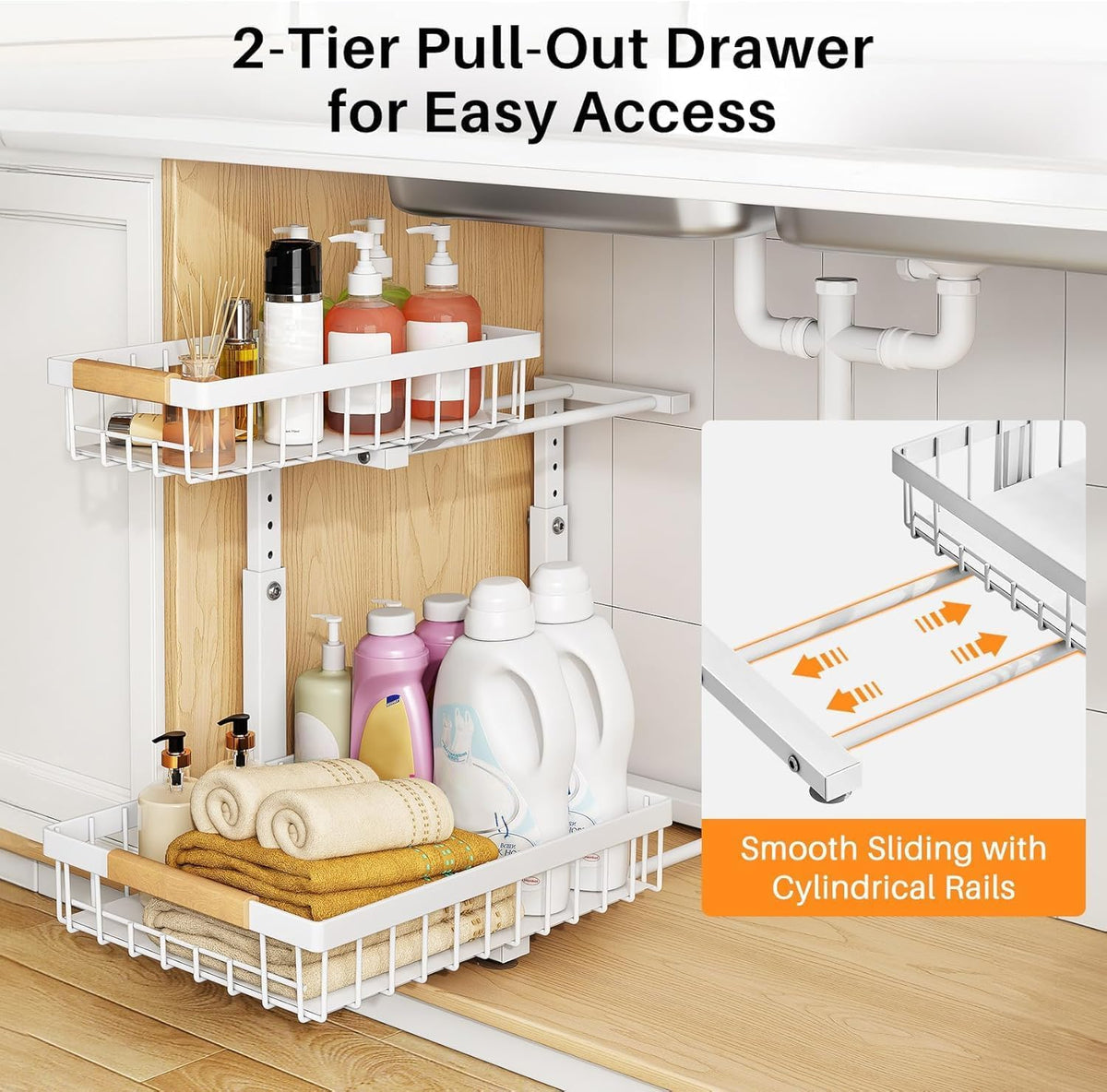 Adjustable 2 Tier Pull Out Under Sink Organizer, White, 2 Pack V5972