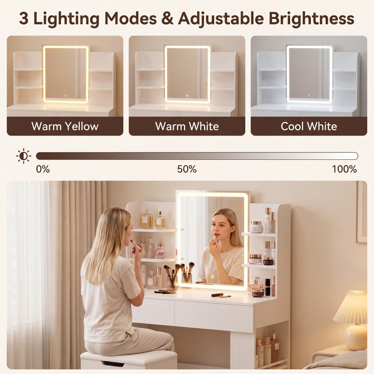 White Vanity Desk Set with LED Mirror E90923