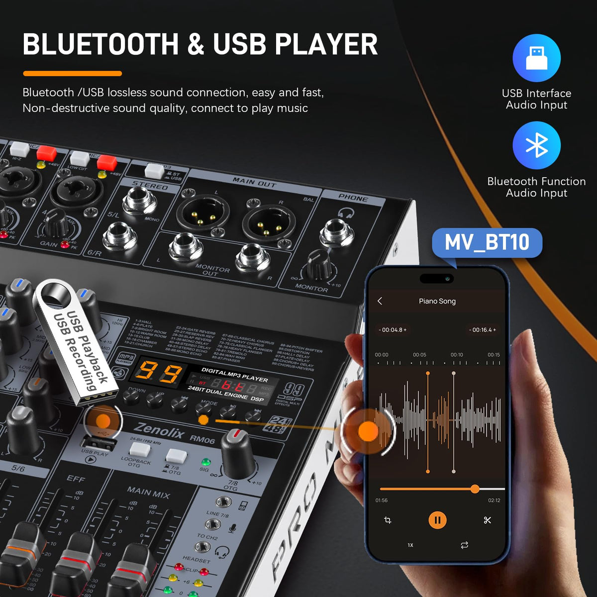 6 Channel Bluetooth Audio Mixer with 2 XLR Inputs N2077