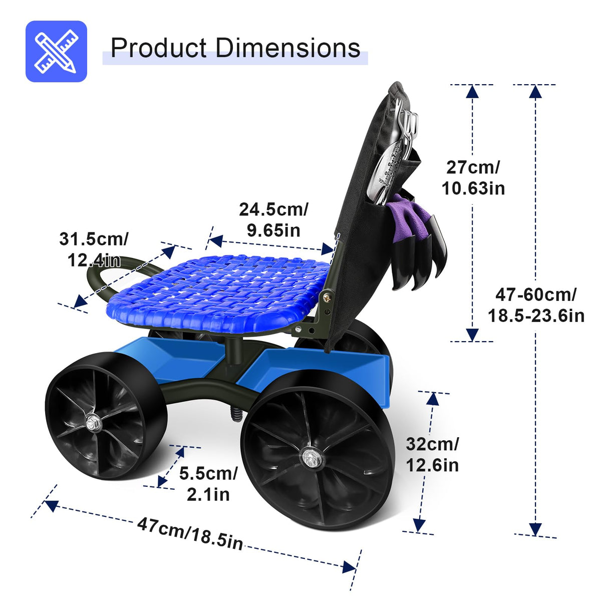 Blue Rolling Garden Cart with Four Wheels and Tool Bag Q218