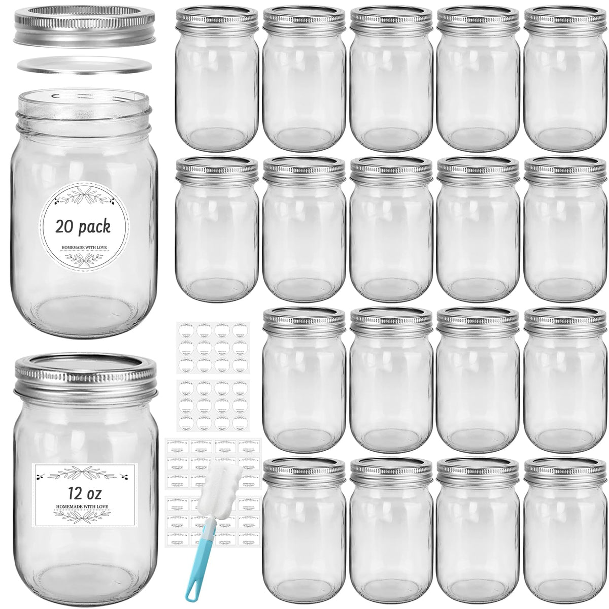 20 Pack 12 oz Clear Glass Mason Jars with Lids Q95665