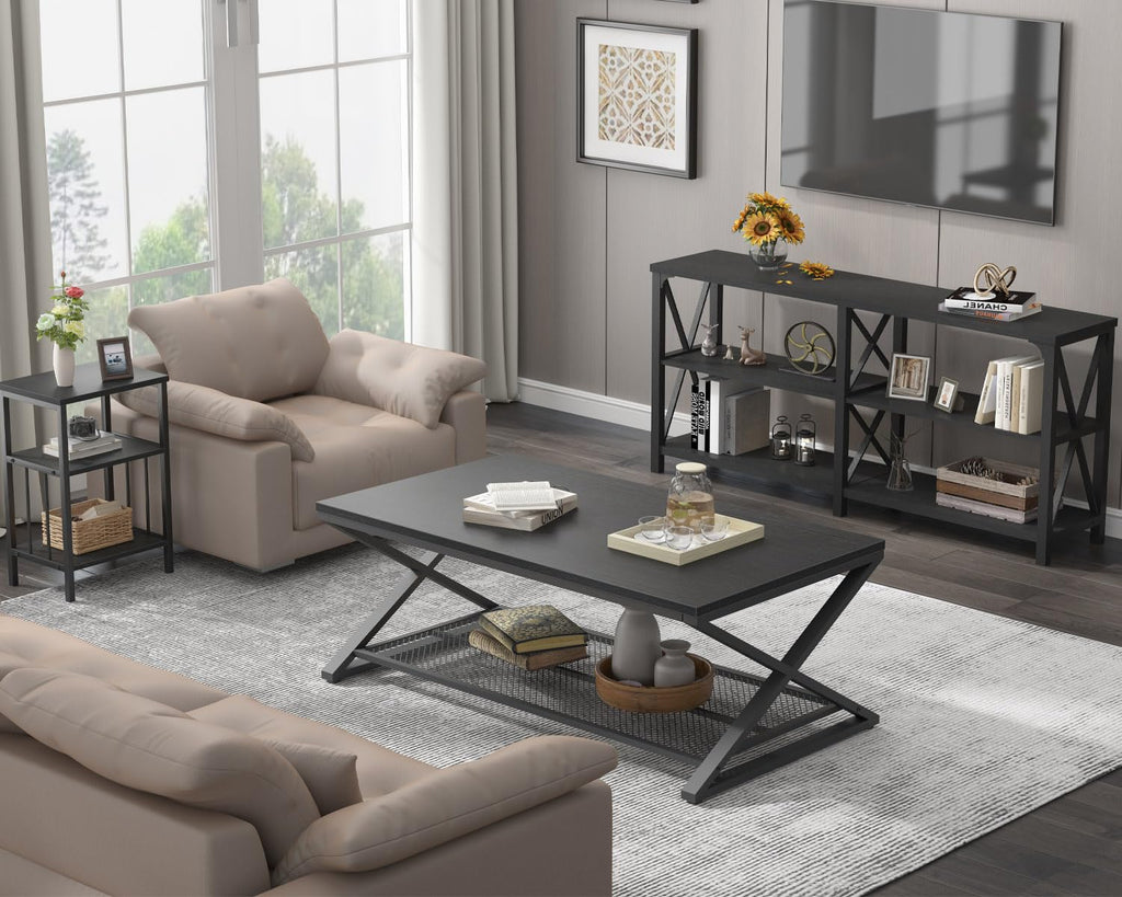 Black 2 Tier Wood Coffee Table with Storage W161483