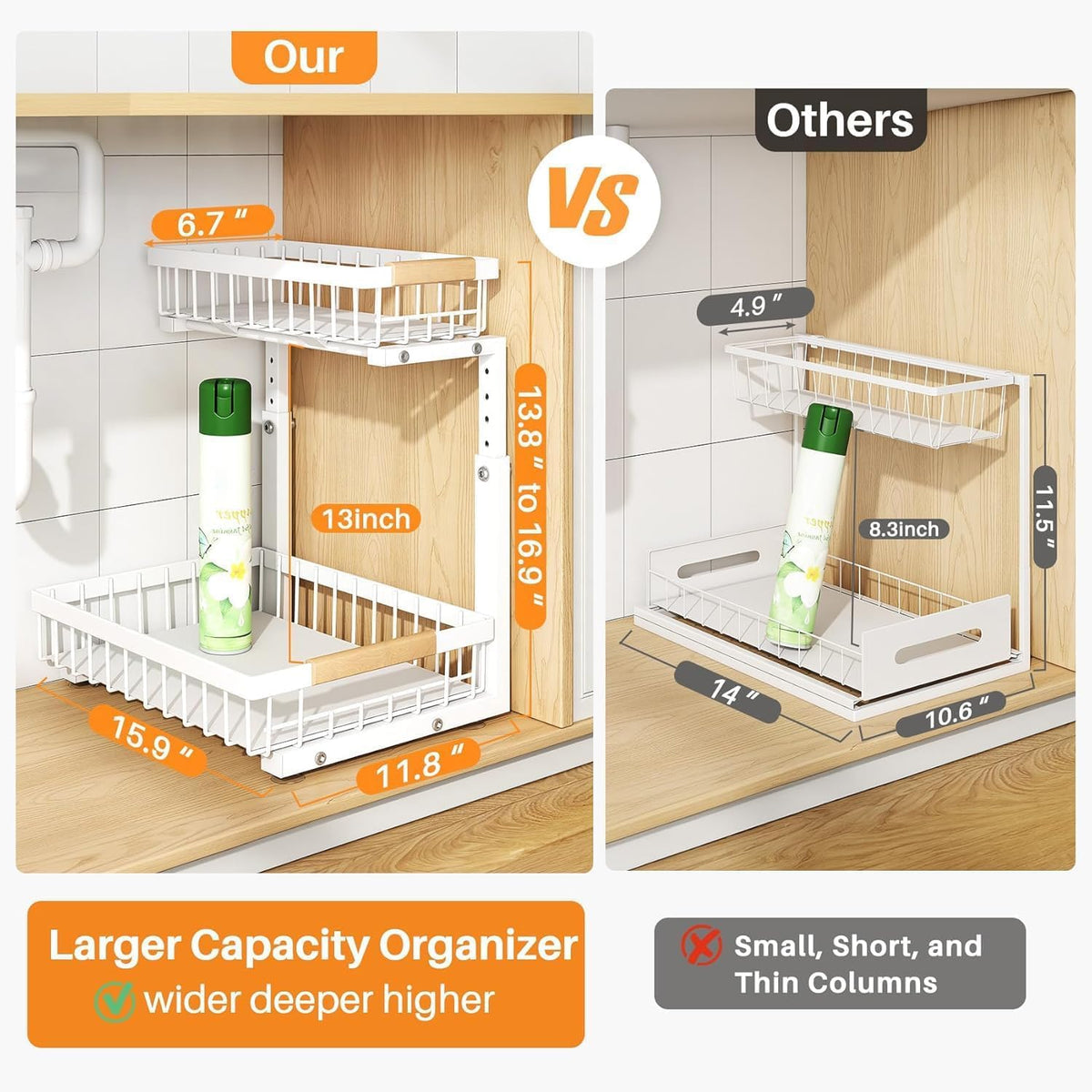 Adjustable 2 Tier Pull Out Under Sink Organizer, White, 2 Pack V5972